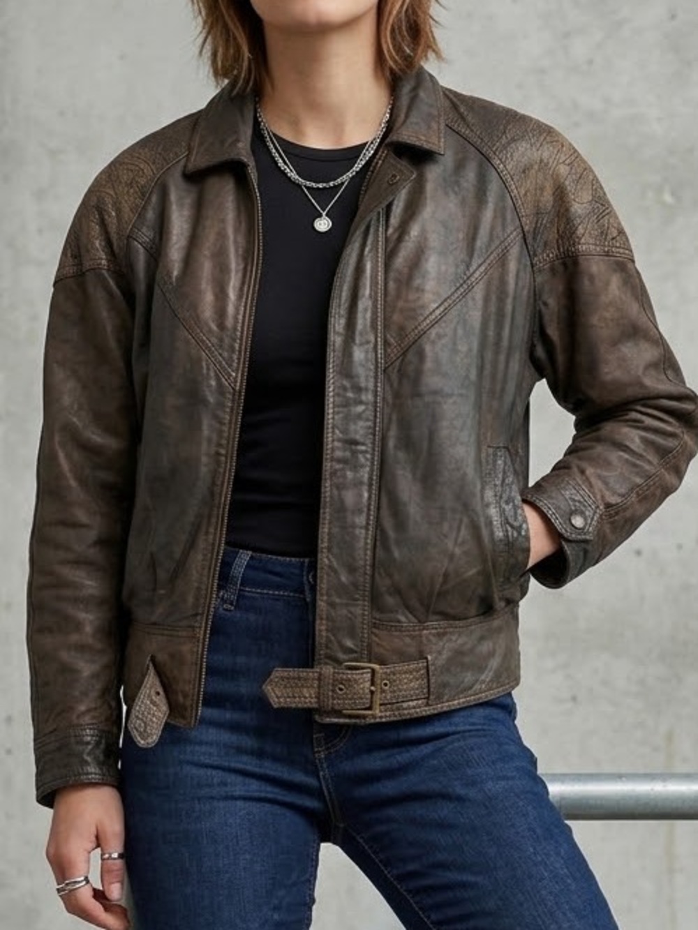 Global Identity GIII Vintage Women’s Dark Brown Leather Bomber Jacket with Belt
